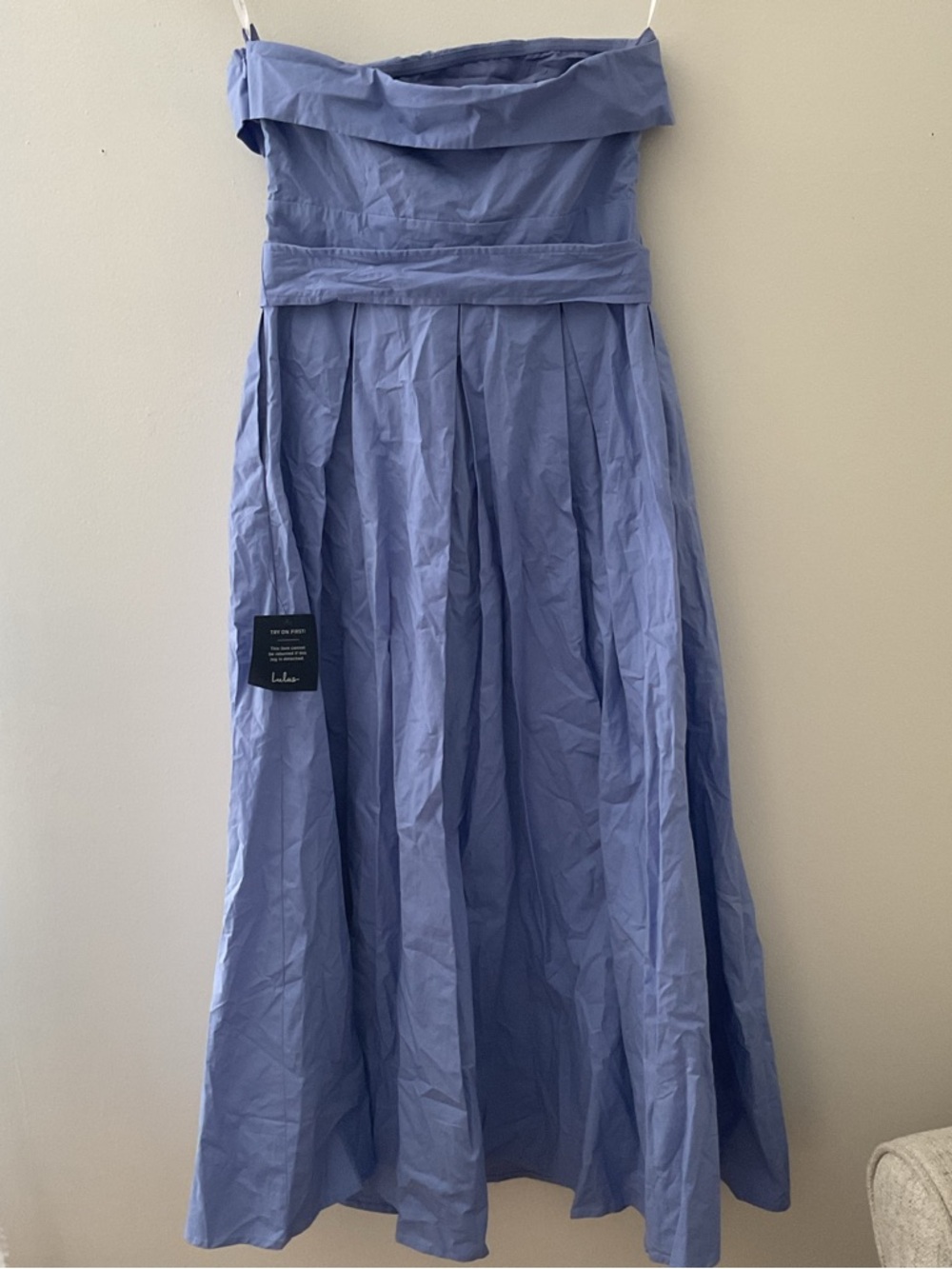 Lulus Trendsetting Choice Periwinkle Blue Strapless Pockets Midi Dress NWT Med - Picture 6 of 14